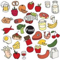 ilustración vectorial en estilo garabato, dibujos animados. conjunto de alimentos. lindos iconos de colores de carne, leche, verduras y frutas, bayas, comida rápida aislada en fondo blanco. vector