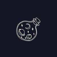 vector illustration in doodle style. abstract drawing bottle with space inside. planets, stars and moon inside the bottle. mystical picture on a dark background