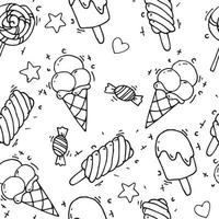 stock illustration, seamless pattern. Cute illustrations with ice cream and sweets in the style of doodle, flat, kartoon. line drawings isolated on white background. Theme of summer holidays. vector