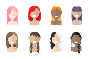 ocho iconos de corte de pelo interracial de mujer vector