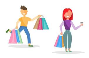 Shopping Couple Man and Woman With Bags Happy Couple vector