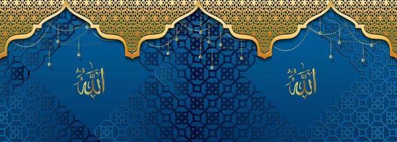 Arabic background with golden ornament border pattern and blue color vector