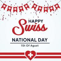 Swiss national day poster design. Swiss independence day holiday. Swiss national flag hanging, white cross on red, holiday celebration August 1st. Swiss National Day vector