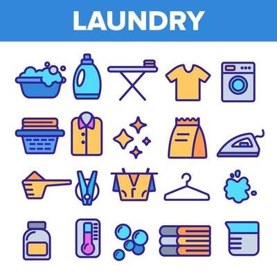 Laundry Line Icon Set Vector. Washing Machine. Clean Dry Cotton. Cloth Laundry Pictogram. Thin Outline Web Illustration