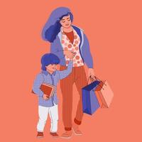 familia con compras. madre con hijo sostienen bolsas de compras. vector. vector