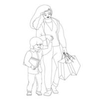 Family with purchases. Mother with son hold shopper bags. Vector. vector