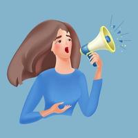 Woman shouting through a megaphone. 3d render loudspeaker. Vector illustration.