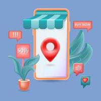 Smartphone with shopping app, promotion icons. 3d render vector illustration.