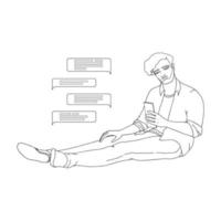 Young man is sitting and holding a phone. Outline vector. vector