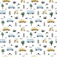 Seamless pattern with cartoon style cars and plants. Design for baby and kid clothes, textile, wrapping paper