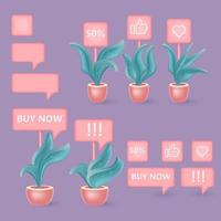 3D plants in pots with shopping signs. Cartoon vector Illustrations.