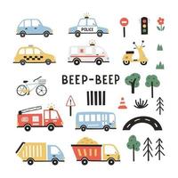 Set of different cute transport and traffic elements. Colorful cartoon hand drawn illustrations for kid clothes, posters, invitation
