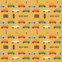 Seamless pattern with colorful cars, traffic elements and lettering on bright yellow background. Cute design for baby and kid clothes, textile, wrapping paper vector