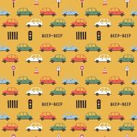 Seamless pattern with colorful cars, traffic elements and lettering on bright yellow background. Cute design for baby and kid clothes, textile, wrapping paper vector