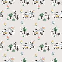 Seamless pattern with bikes, flowers and trees on light grey background. Cute cartoon style design for kid clothes, textile, wrapping paper vector