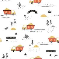 Simple seamless pattern with truck and plants. Scandinavian style design for baby and kid clothes, textile, wrapping paper vector