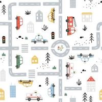 Seamless pattern with city cars and houses. Rescue services cars, ordinary cars, roads, plants. Design for baby and kid clothes, poster, textile vector