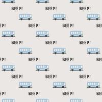Hand drawn seamless pattern with bus and lettering. Simple design for baby and kid clothes, wrapping paper vector