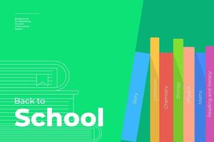 Back to school minimal trendy horizontal poster with book and text. Season educational advertising background green color creative flyer design. Flat simple minimalistic vector eps banner