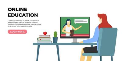 Student woman remote learning and online education at home. E-learning website with girl sitting at desk with books and studying on computer. Internet teacher landing page concept. Vector illustration