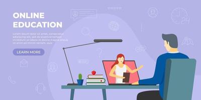 Student man remote learning and online education at home. Boy sitting at desk with books and studying on laptop. Internet teaching landing page concept. E-learning website vector eps illustration