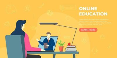Student woman remote learning and online education at home. Girl sitting at desk with books and studying on laptop. Internet teaching landing page concept. E-learning website vector eps illustration
