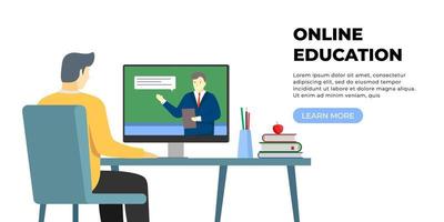 Student man remote learning and online education at home. Boy sitting at desk with books and studying on computer. Internet teaching landing page concept. E-learning website vector eps illustration