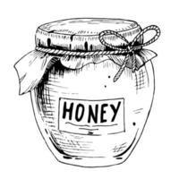 Sketch of Honey Jar. Hand drawn vector glass Pot. Illustration in vintage style. Black engraving