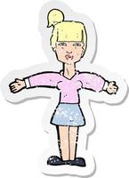 retro distressed sticker of a cartoon woman shrugging shoulders vector