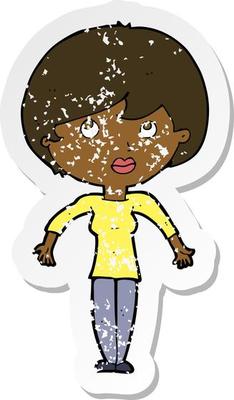 retro distressed sticker of a cartoon woman shrugging shoulders