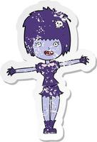 retro distressed sticker of a cartoon happy vampire girl vector