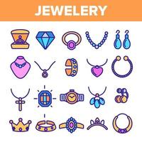 vector de conjunto de iconos de línea de joyería. símbolo de joyería de lujo de diamantes. signo de elegancia de gema. ilustración web de contorno delgado