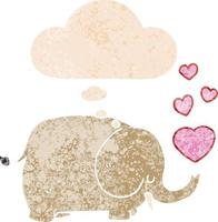 lindo elefante de dibujos animados con corazones de amor y burbujas de pensamiento en estilo retro texturizado vector