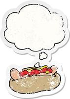 cartoon hotdog and thought bubble as a distressed worn sticker vector