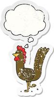 cartoon rooster and thought bubble as a distressed worn sticker vector