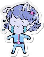 distressed sticker of a cartoon crying alien girl vector