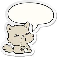 cute cartoon angry cat and speech bubble sticker vector