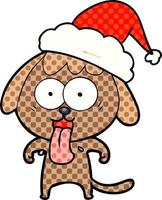 cute comic book style illustration of a dog wearing santa hat vector