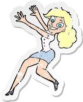 retro distressed sticker of a cartoon happy woman jumping vector