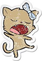 distressed sticker of a cartoon singing cat vector