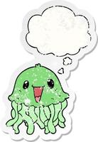 cartoon jellyfish and thought bubble as a distressed worn sticker vector