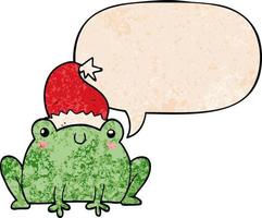 linda caricatura de rana navideña y burbuja de habla en estilo de textura retro vector