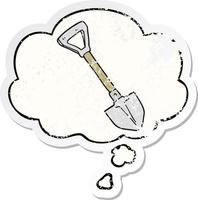 cartoon shovel and thought bubble as a distressed worn sticker vector