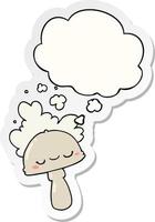 cartoon mushroom with spoor cloud and thought bubble as a printed sticker vector