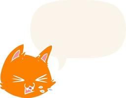 spitting cartoon cat face and speech bubble in retro style vector