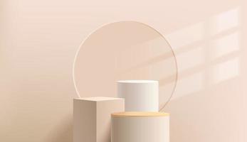 Abstract 3D cylinder pedestal podium with beige geometric cube platform. Light brown minimal wall scene with window lighting. Modern vector rendering for cosmetic product presentation.