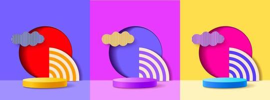 Set of 3D round frame on background. Abstract circle podium for product display or copy space. Collection of geometric background. Vector illustration.