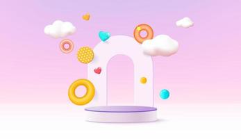 Realistic 3D cylinder pedestal podium with cloud in arch shape scene. Minimal scene for products showcase, Stage promotion display. Vector abstract studio room platform.