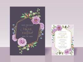 Wedding invitation card template with purple flowers vector