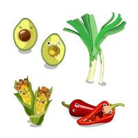 Cute vegetables characters kawaii for kids. Vector flat cartoon illustration
